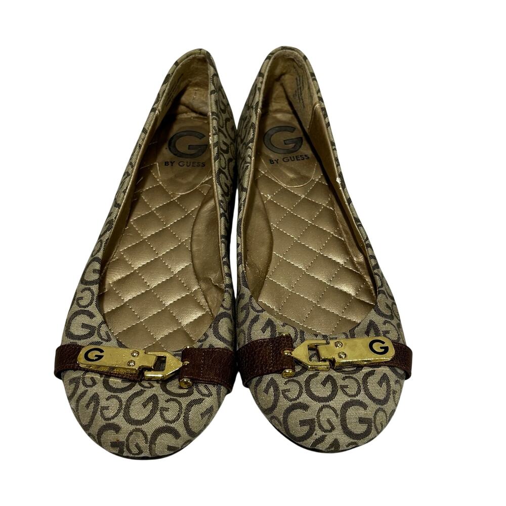 Guess flats ladies slip on casual shoes tan brown logo canvas gold buckle 9.5M